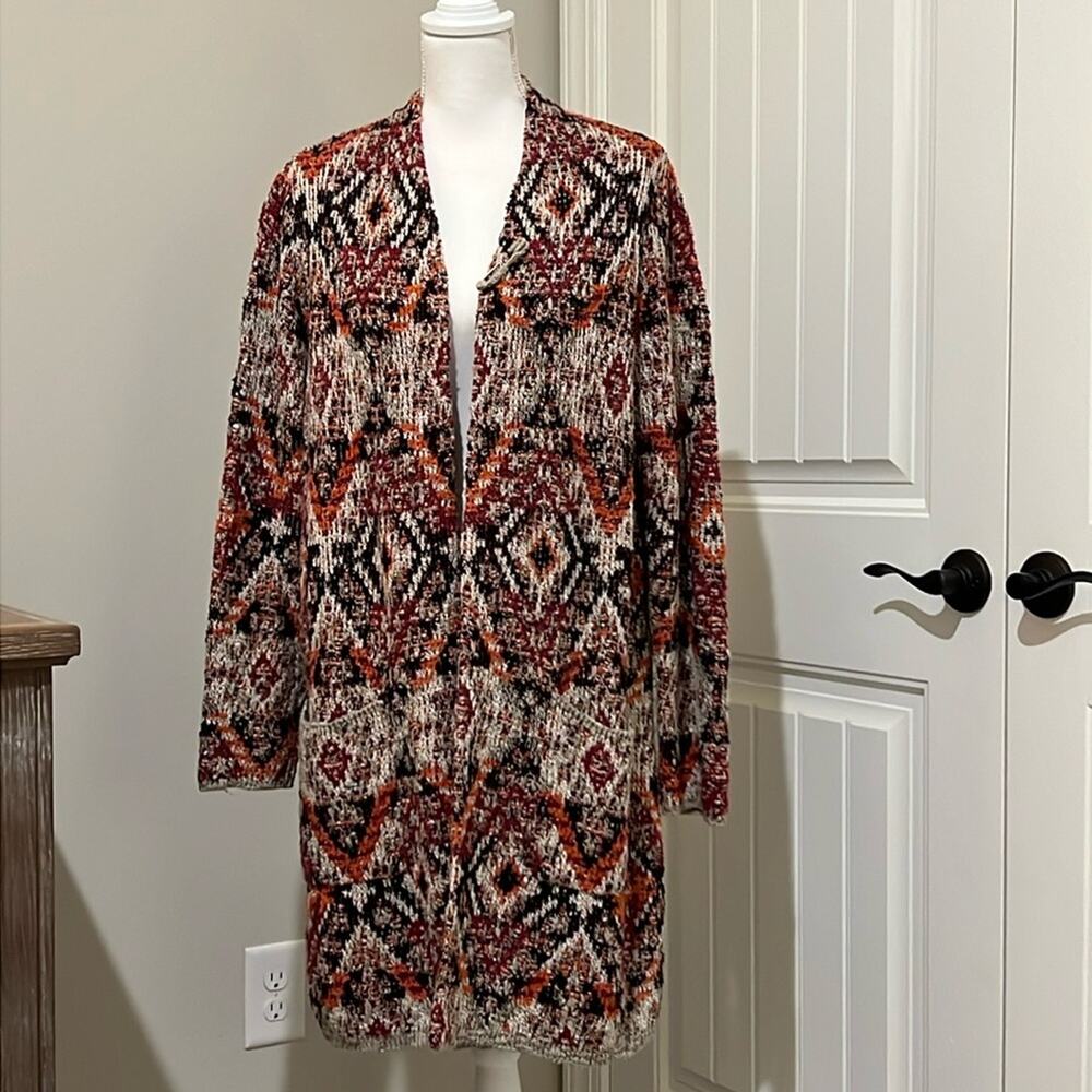 J.Jill‎ Open Front tribal Aztec Long boxy sweater Cardigan with pockets M Medium